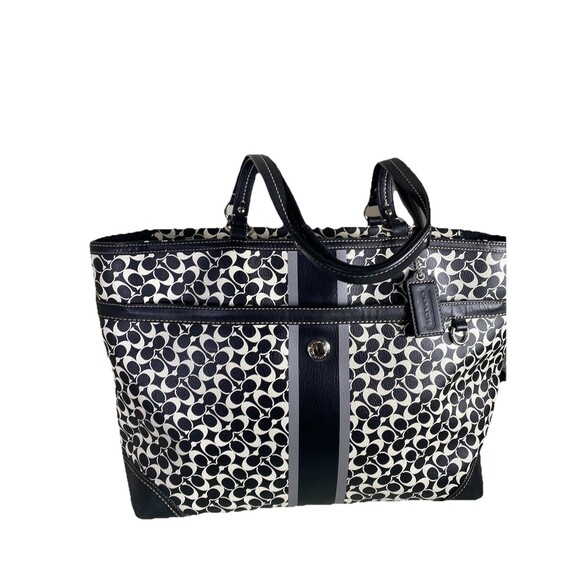 Coach Chelsea Heritage Stripe Signature Tote Black White Coated Canvas #F15134